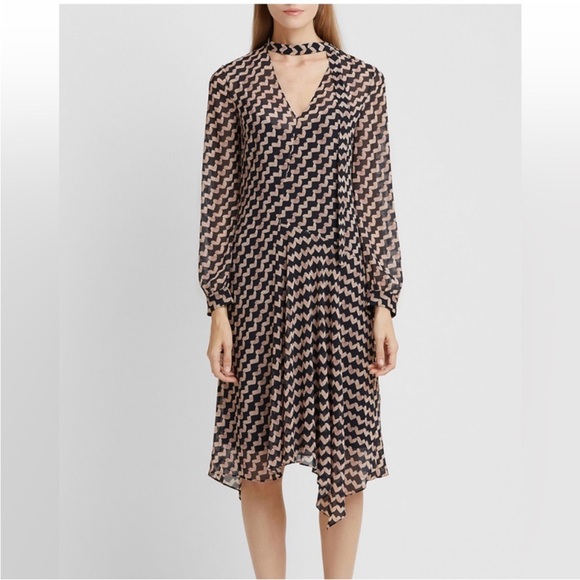 Theory Black and Tan Geometric Long Sleeve Dress, US2 - Picture 2 of 10